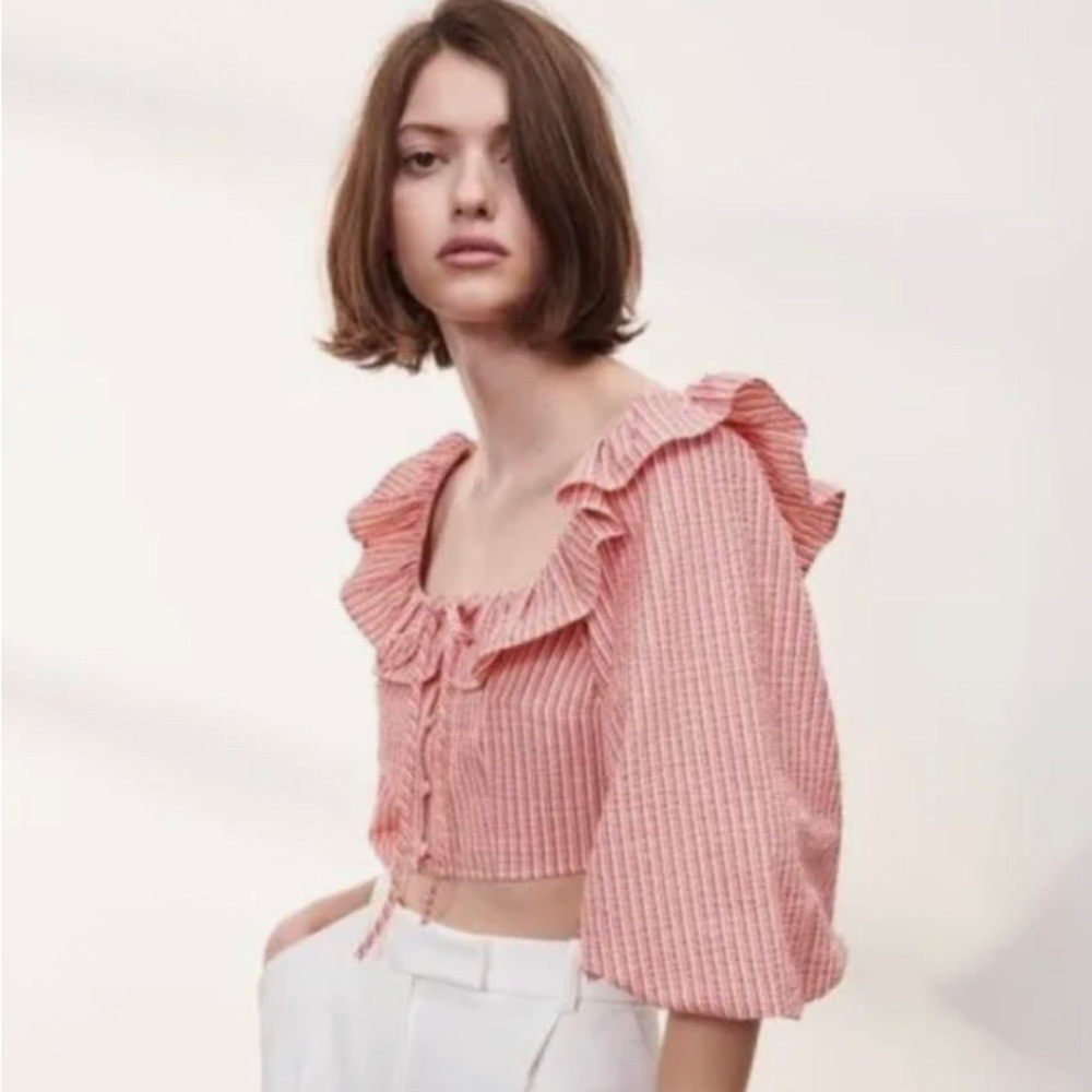 ZARA TOPS | puff sleeve crop top | ZARA | white/red striped | LARGE